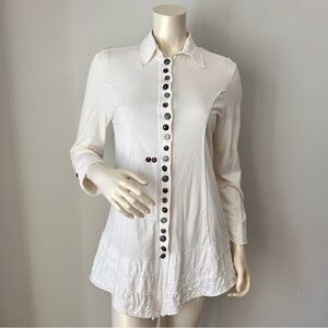 Neon Buddha Button Detail Artsy Tunic Lagenlook White Button-Down Shirt Small